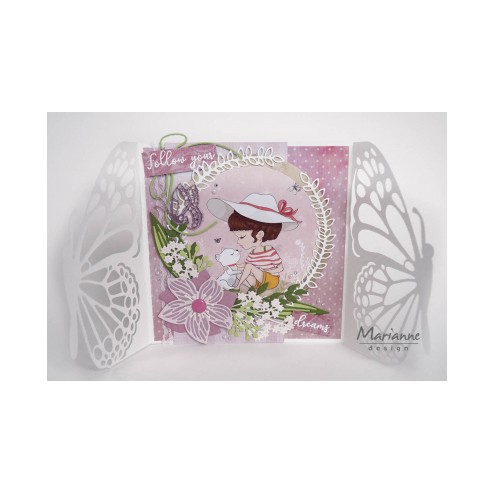 Voorbeeldkaart met de Marianne Design stansmal LR0638 Gate Folding Die Butterfly "geopend"