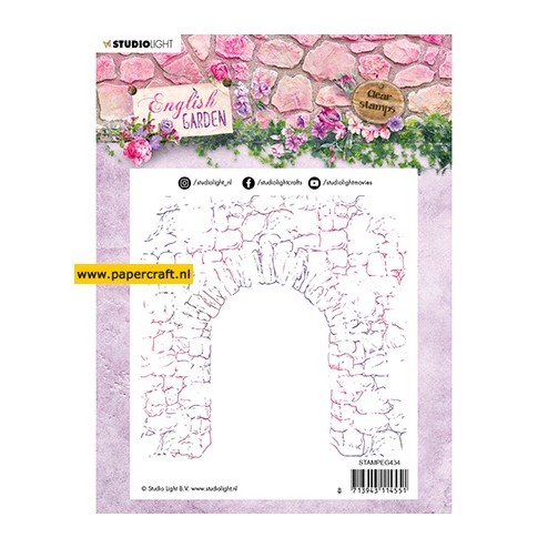 Een gestempeld voorbeeld van Muur met Poort met de Studio Light achtergrondstempel STAMPEG434 English Garden nr 434