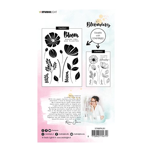 Achterzijde van de Studio Light Stamp Blooming Collection Nr 1 van Karin Joan, code: STAMPKJ01