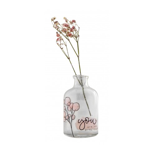 Voorbeeld op glas met een Bloem en Tekst van de Karin Joan Rub On Sticker Blooming Collection Nr 2 van Studio Light