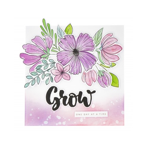 Voorbeeldkaart met Bloemen en de Tekst Grow uit het Karin Joan Blooming Stansblok van Studio Light