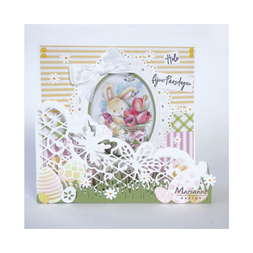 Voorbeeldkaart met de Marianne Design stansmal LR0642 Anja's Flower Corner als "losse" voorzijde van de kaart