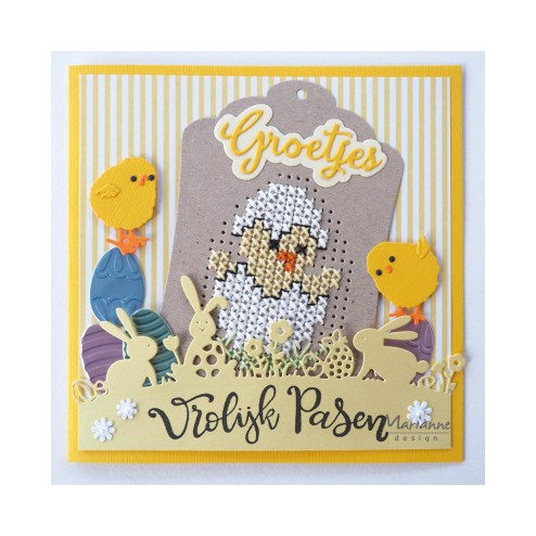 Voorbeeldkaart met de mallen LR0644 Tiny's Easter Chick en  LR0643 Easter Eggs