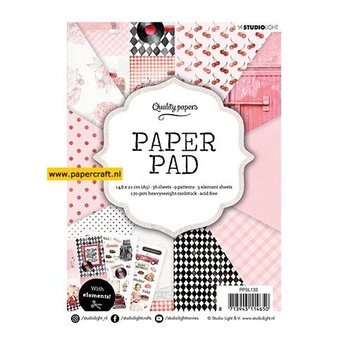 Studio Light Paper Pad 36 vellen designpapier en 3 vellen Plaatjes, in Zwart, Rose en Wit tinten, code: PPSL133