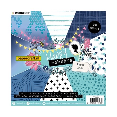 Studio Light Paper Pad Happy Moments, in vrolijke blauwe, turquoise en witte kleuren, code: PPHM148