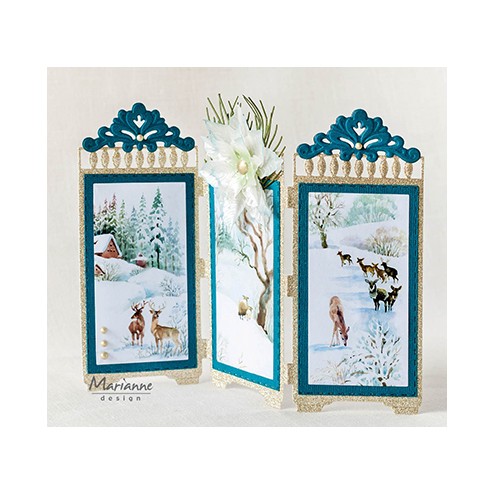 Wat een mooie, luxe kaart! Een voorbeeld in Winterse Sferen met de Marianne Design LR0676 Anja's Trifold