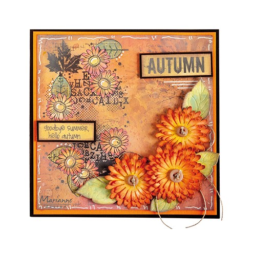 De Mixed Media Stempel Art Stamps Chrysant is op de achtergrond van deze voorbeeldkaart gebruikt