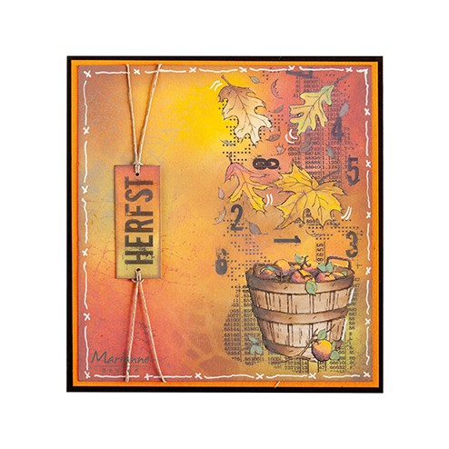De Art Stamps Harvest is op de achtergrond van deze voorbeeldkaart van Marianne Design gebruikt