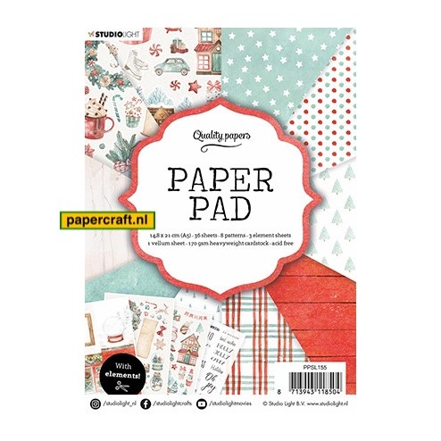 Studio Light Paper Pad 36 vellen in 8 designs, 3 vellen Plaatjes en vellum in zachte rood / wit/ zeegroen tinten, code: PPSL155