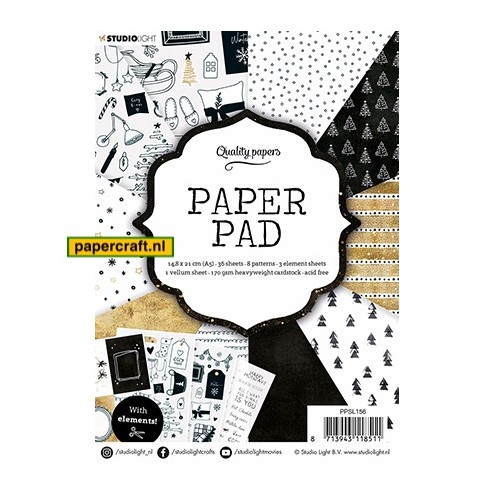 Studio Light Paper Pad 36 vellen in 8 designs, 3 vellen Plaatjes en vellum in goud / wit/ zwart tinten, code: PPSL156