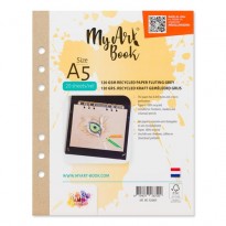 MyArtBook Recycled Kraft Schetspapier Gemeleerd Grijs 120 grams. Het formaat is A5 en in een verpakking zitten 20 vellen