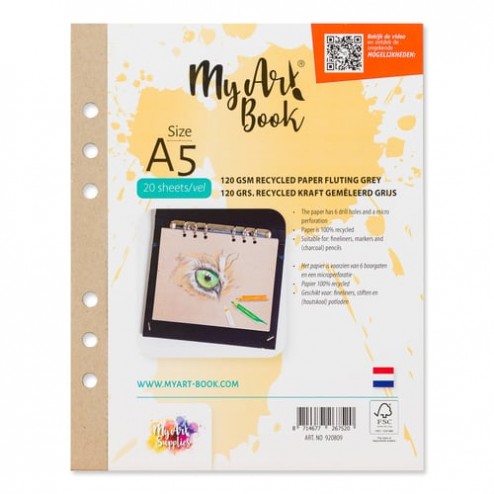 MyArtBook Recycled Kraft Schetspapier Gemeleerd Grijs 120 grams. Het formaat is A5 en in een verpakking zitten 20 vellen