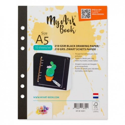 MyArtBook Schetspapier Zwart  210 grams. Het formaat is A5 en in een verpakking zitten 10 vellen